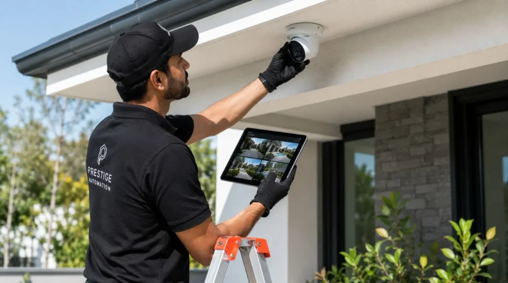 A professional technician calibrating camera angles for an outdoor Smart Home Security System setup.