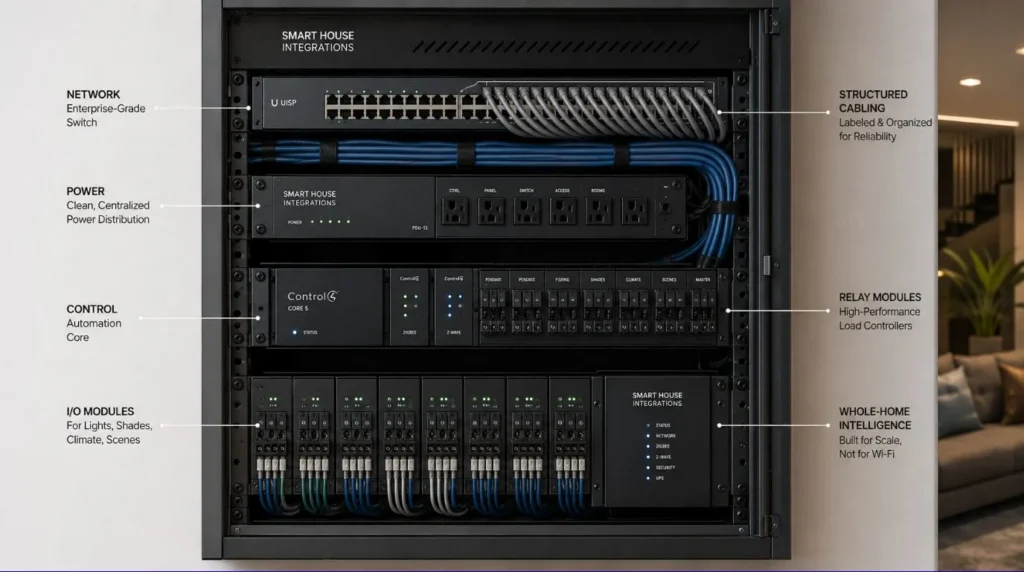 A beautifully organized smart automation panel demonstrating the infrastructure of a reliable Professional Smart Home Setup