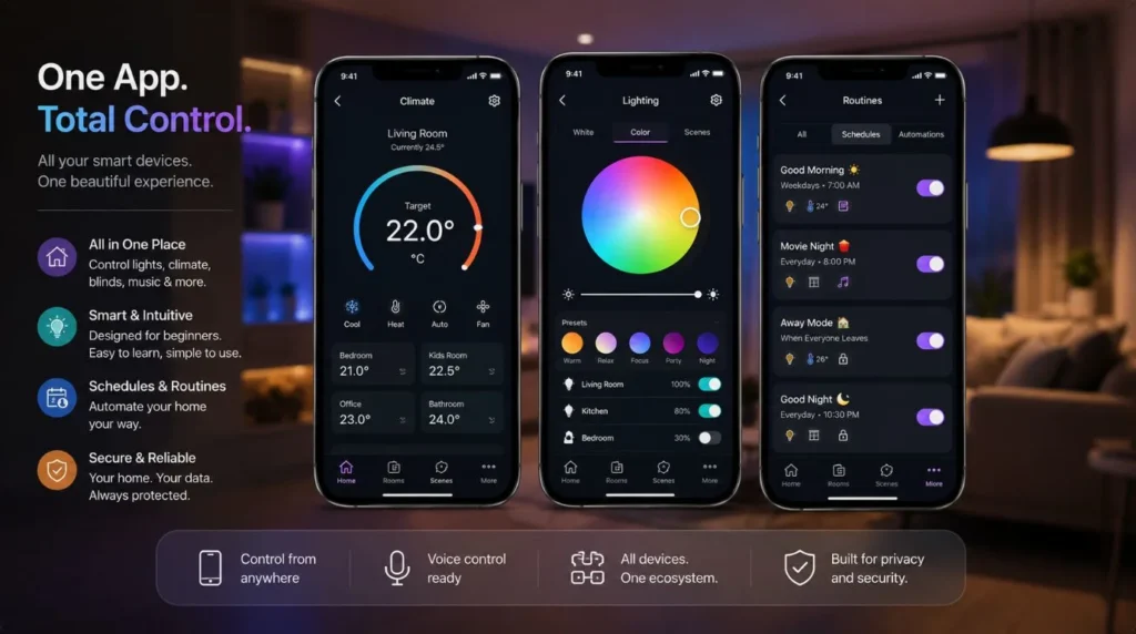 A sleek mobile app interface displaying temperature and colored lighting presets for the Best Smart Home System.