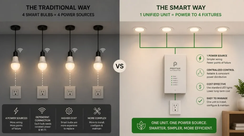 A diagram comparing the circuit architecture of a single set of Smart switches versus individual bulb setups