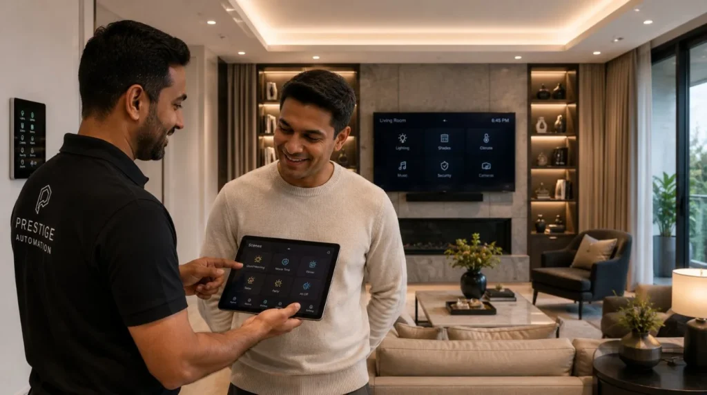 An engineer training a homeowner on custom automated scenes following a successful Smart Home Automation Installation.