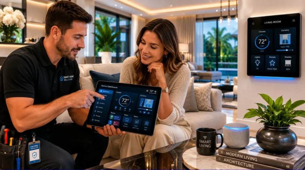 A certified smart home installer explaining app control features to a resident during a system handover