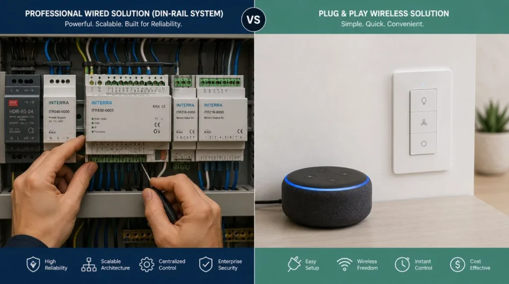 A professional distribution panel switch module compared against basic devices to evaluate smart home installation price