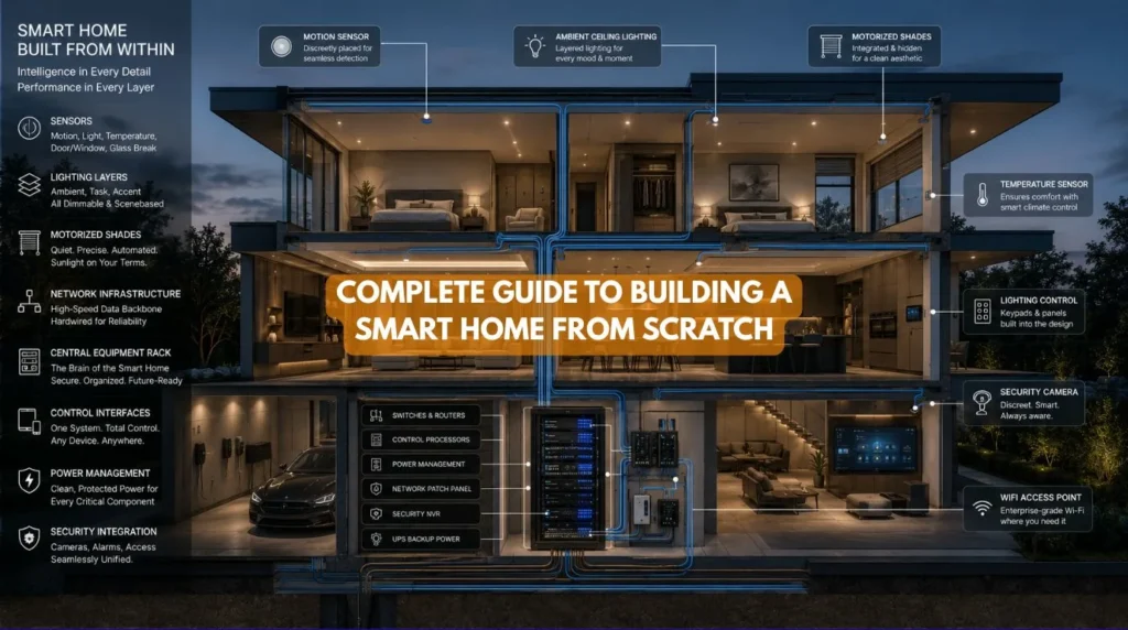 An architectural blueprint layout showing the structural infrastructure needed to build a comprehensive Smart Home From Scratch