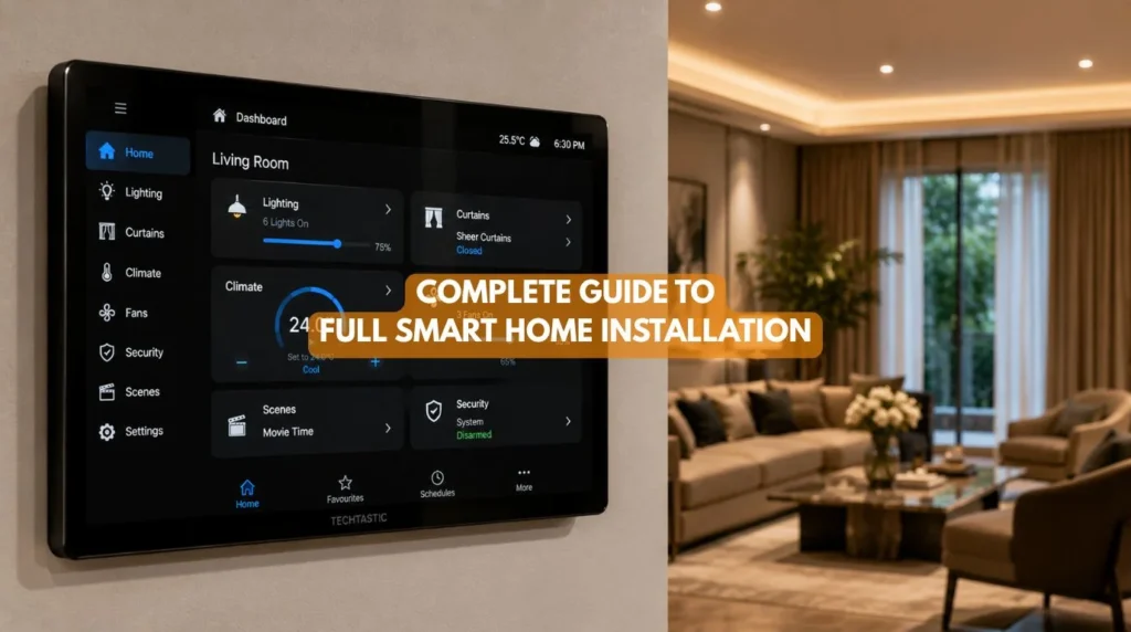 An elegant wall mounted KNX touch panel controlling lights and climate during a Full Smart Home Installation