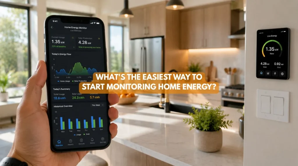 A homeowner viewing real-time electricity consumption graphs on a mobile app to start Home Energy Monitoring
