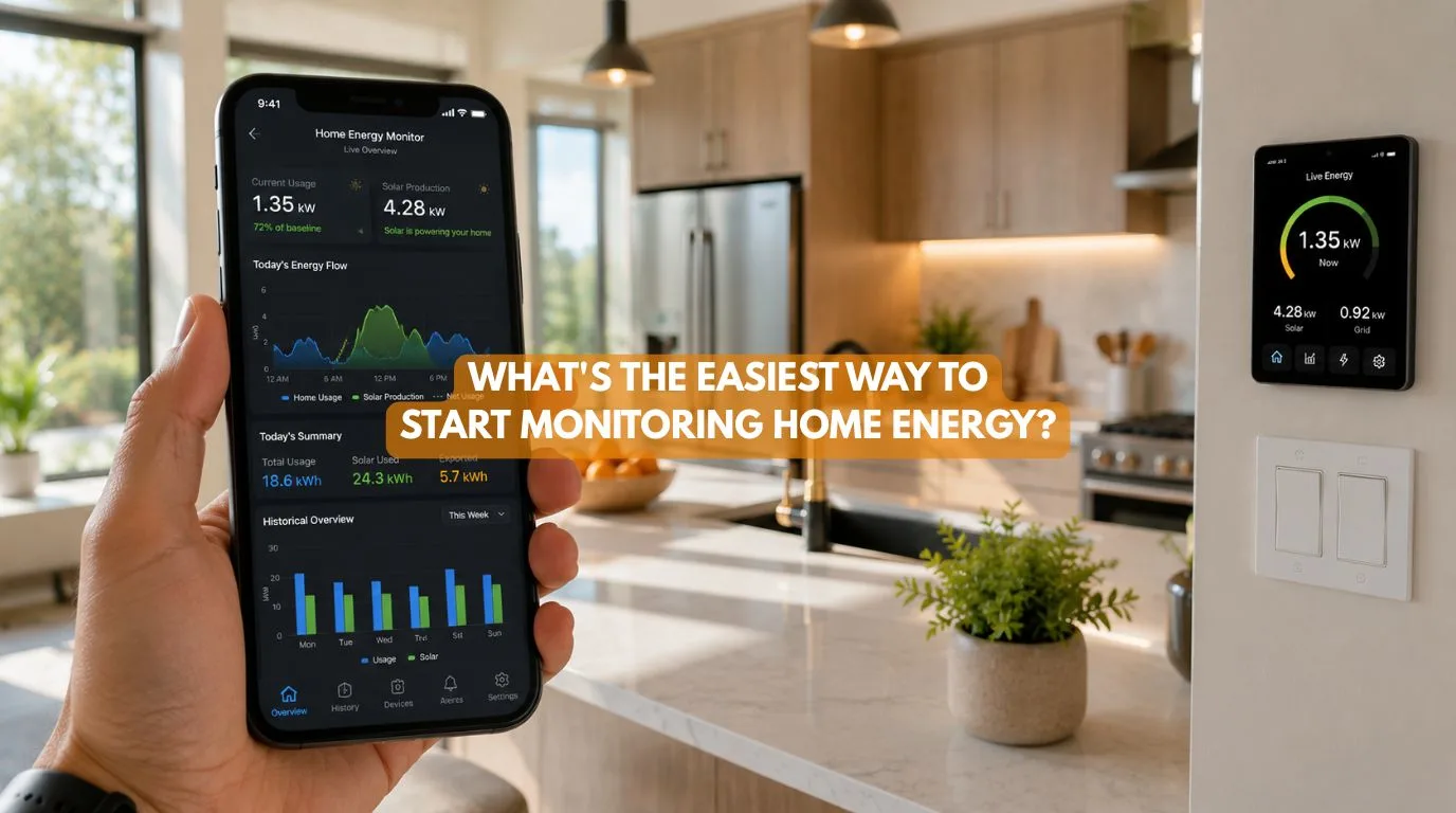 A homeowner viewing real-time electricity consumption graphs on a mobile app to start Home Energy Monitoring