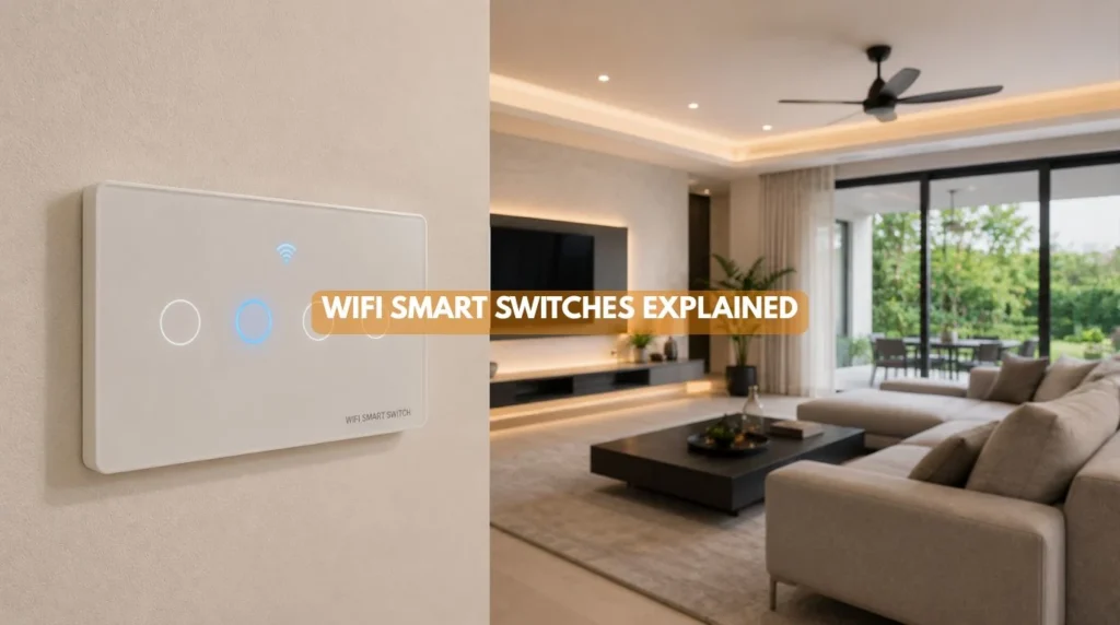 Sleek touch-sensitive WiFi Smart Switches installed neatly on a modern living room wall