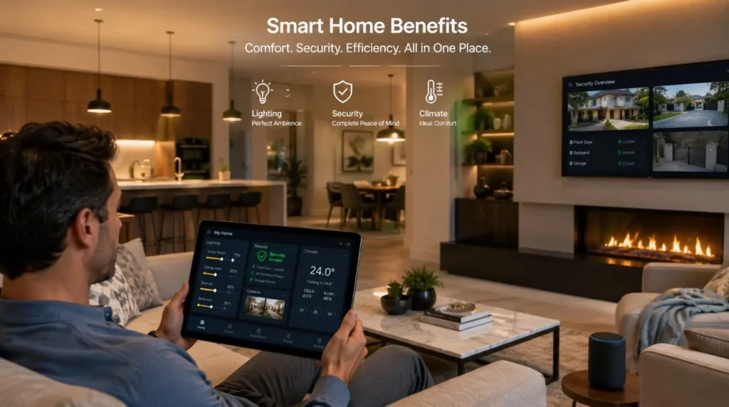 A homeowner managing connected indoor amenities to maximize everyday Smart Home Benefits