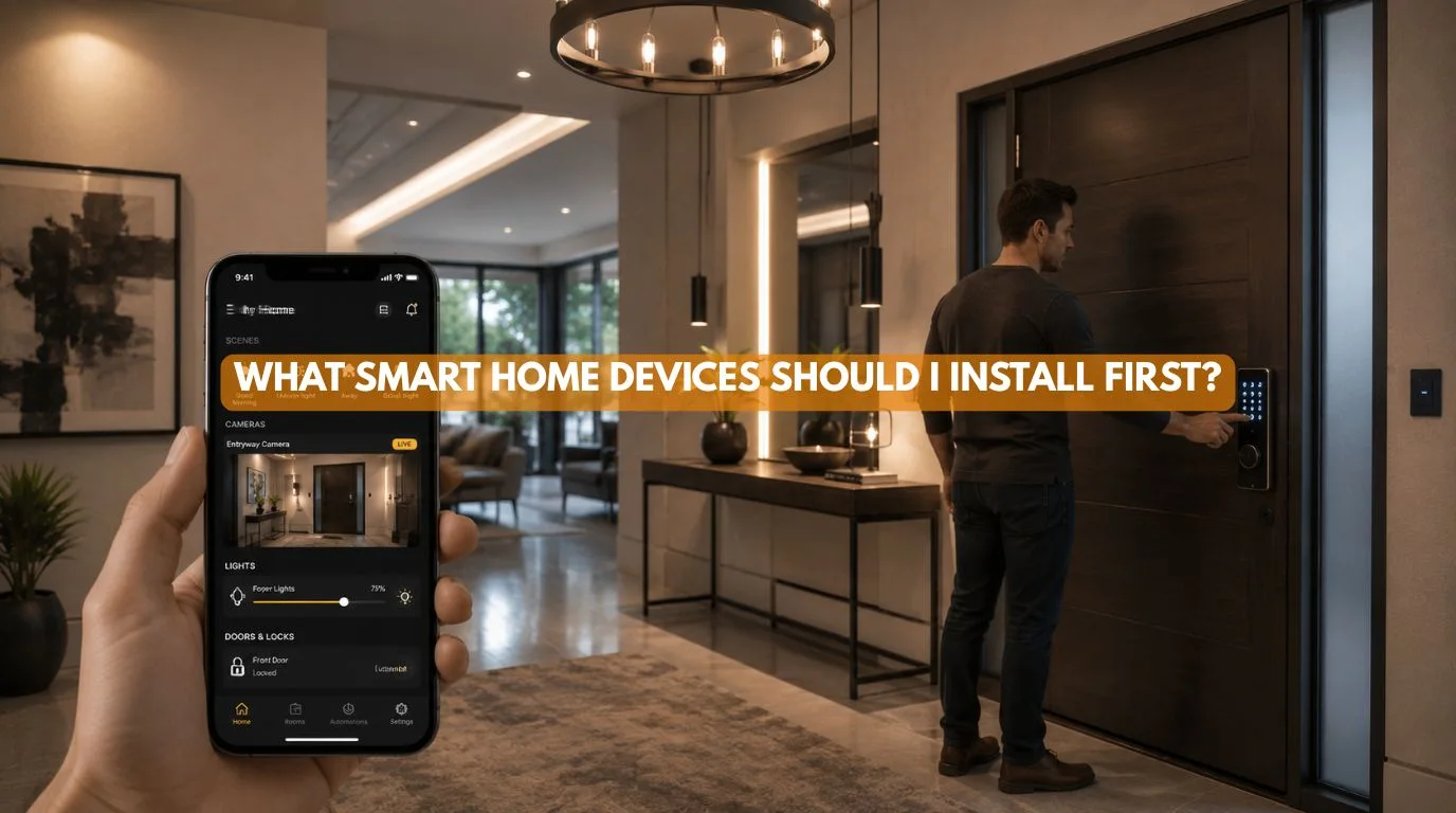 A homeowner unlocking a keyless entry door alongside connected devices that form the core Smart Home Essentials