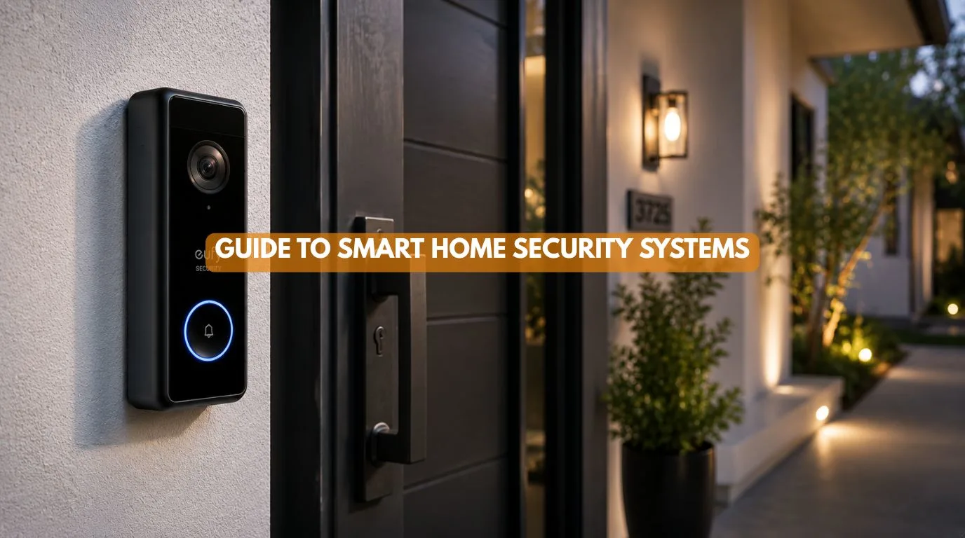 A modern video doorbell camera mounted on a house front door frame as a Smart Home Security Solution.