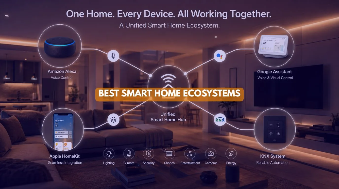 An open layout dashboard graphic linking different automation platforms into a single unified Smart Home Ecosystem