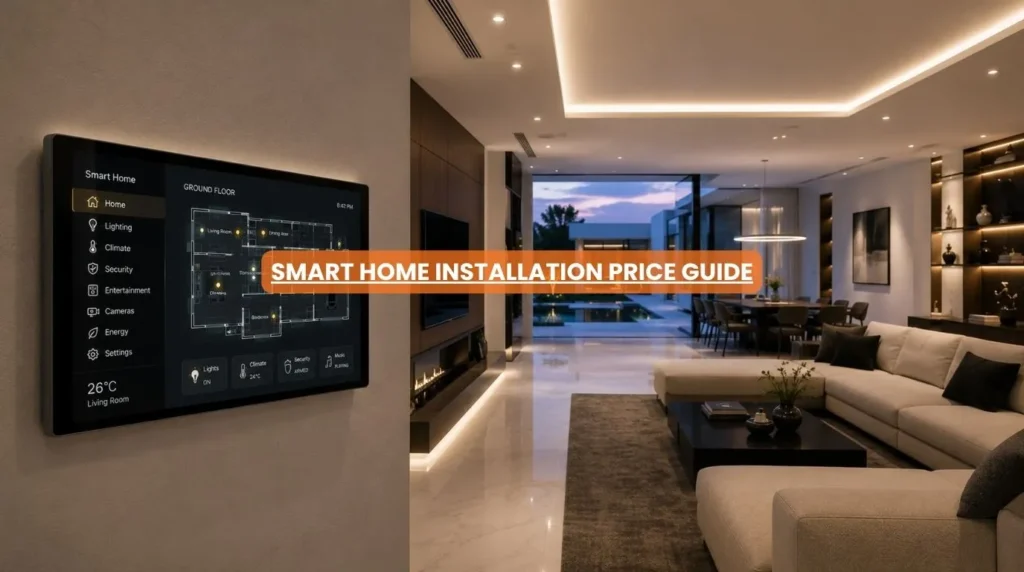 A luxury residential interior showcasing a premium automated touch panel reflecting a professional smart home installation price