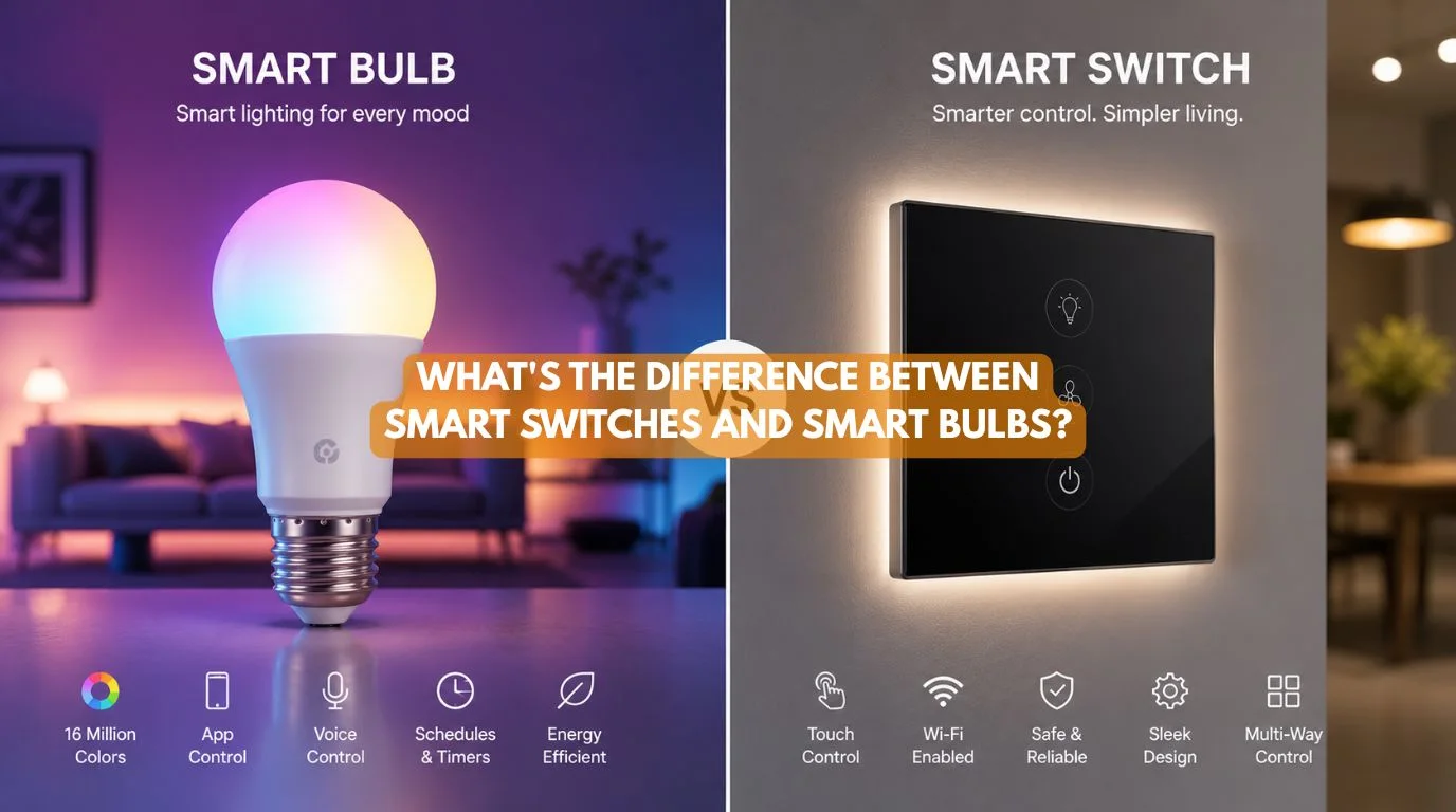 A side by side comparison layout showcasing the design differences between Smart Switches and Smart Bulbs