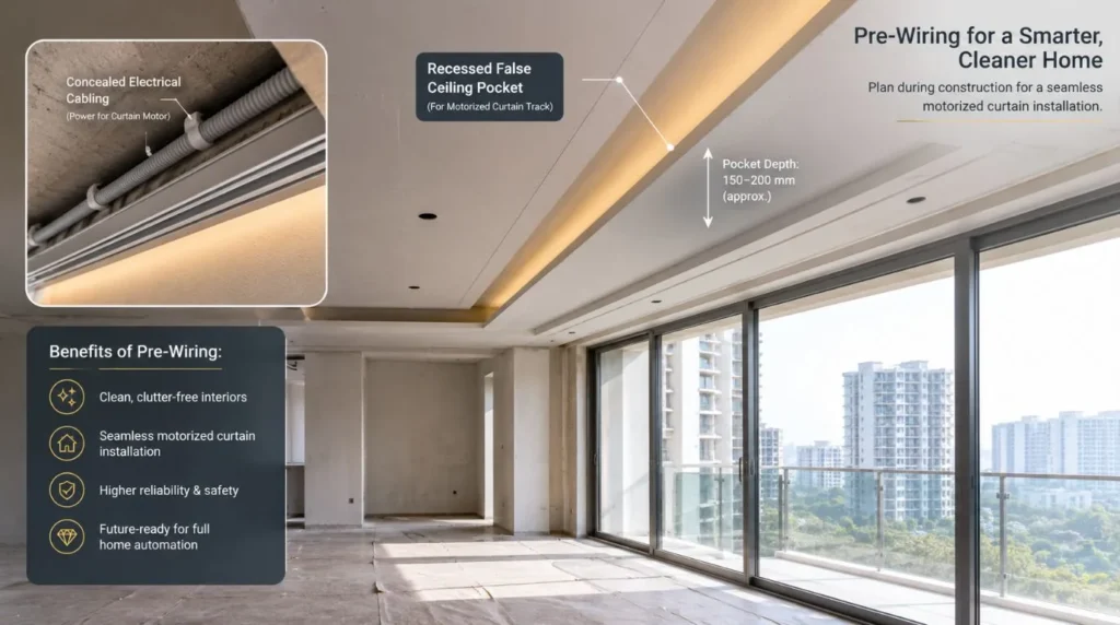 Concealed ceiling pocket with electrical wiring planned early to optimize Motorized Curtains Cost in India.