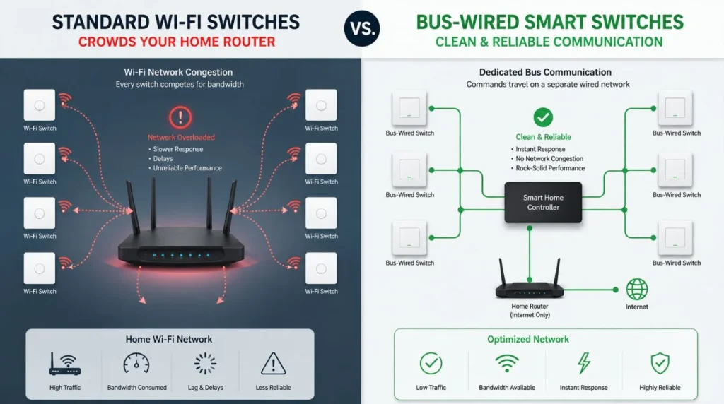 Diagram comparing consumer Wi-Fi devices with scalable professional home automation switches connected to a central panel.