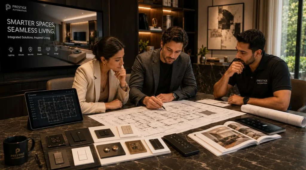 A comprehensive design review meeting held by an expert Smart Home Installation Company to plan architectural blueprints
