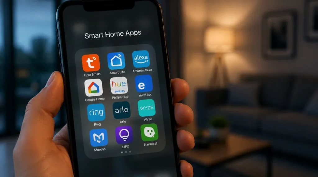 A homeowner holding a smartphone cluttered with multiple apps from Different Smart Home Brands causing confusion.