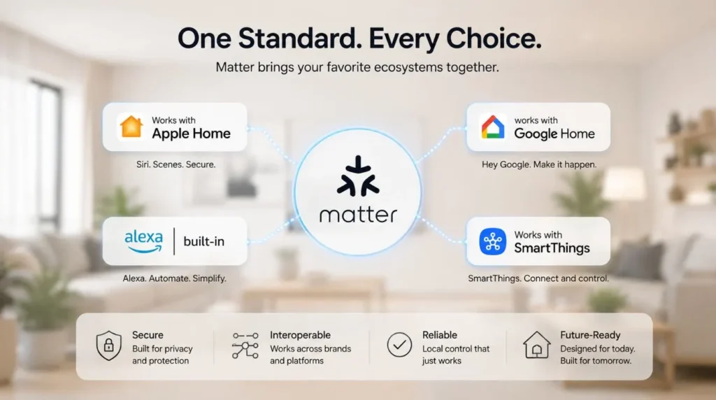 Matter protocol logo bridging connectivity across Different Smart Home Brands and smart ecosystem platforms.