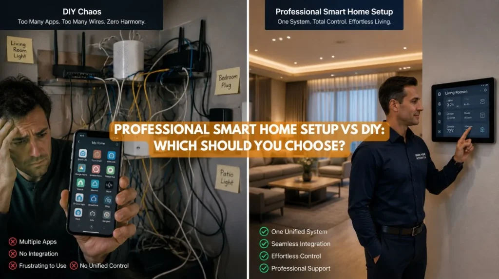 A high contrast split graphic showcasing the difference between a cluttered DIY layout and a streamlined Professional Smart Home Setup
