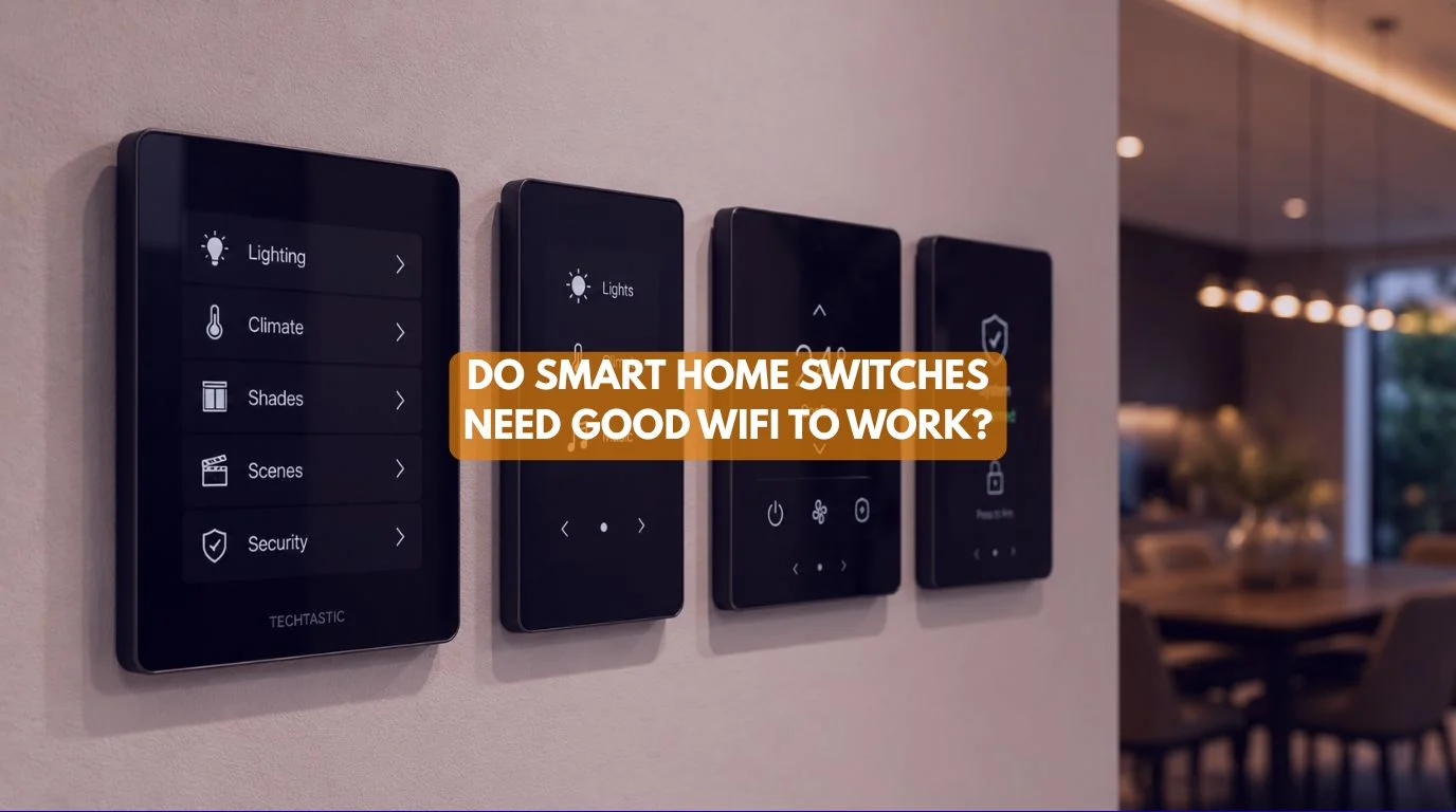 Sleek dark Smart Home switches cleanly mounted on a modern textured wall showing physical control options