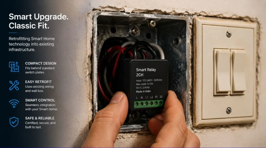 Installing a compact automated relay switch behind a traditional wall plate to implement Smart Home technology