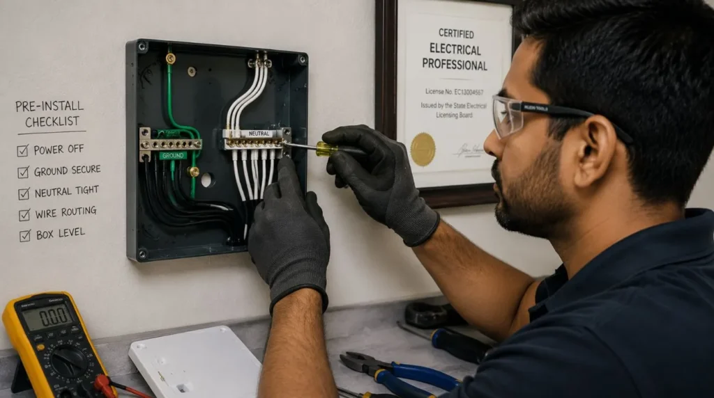 An installer inspecting a wall junction box cavity to prepare for a wired smart light switch setup