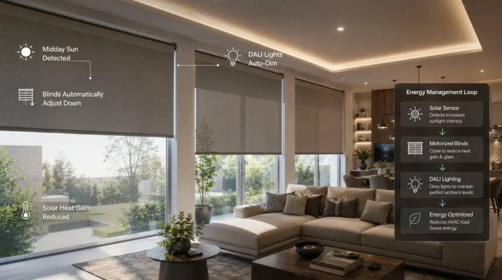 Motorized window drapes lowering automatically to optimize energy savings and overall Smart Home Benefits