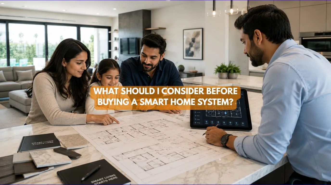 A family planning their automation strategy using architectural layouts during the smart home buying process
