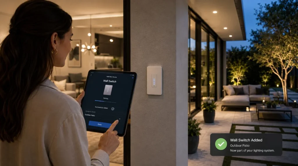 Homeowner using a smartphone app to configure additional home automation switches during a modern home renovation.