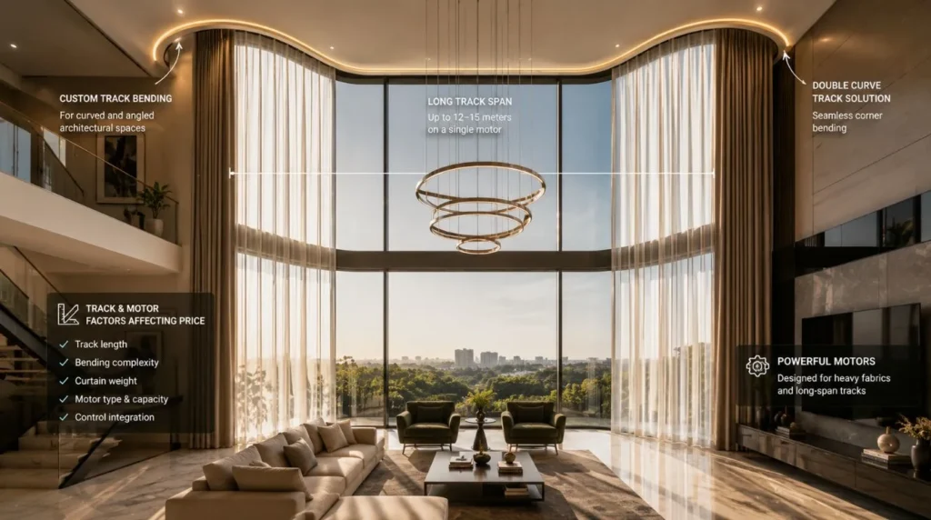 Wide glass balcony doors demonstrating track length and size factors that impact Motorized Curtains Cost in India.