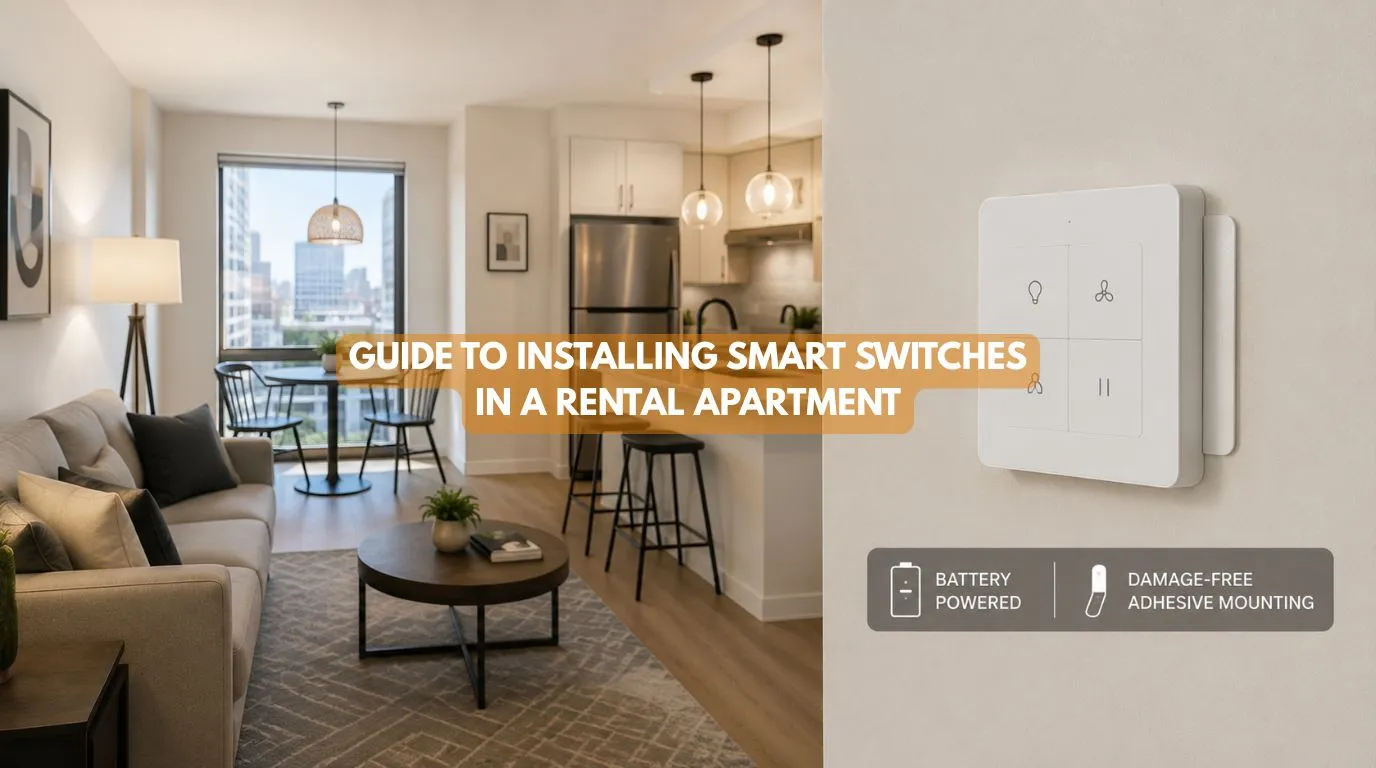 An adhesive-mounted smart button on a modern wall illustrating how to install smart switches in a rental apartment