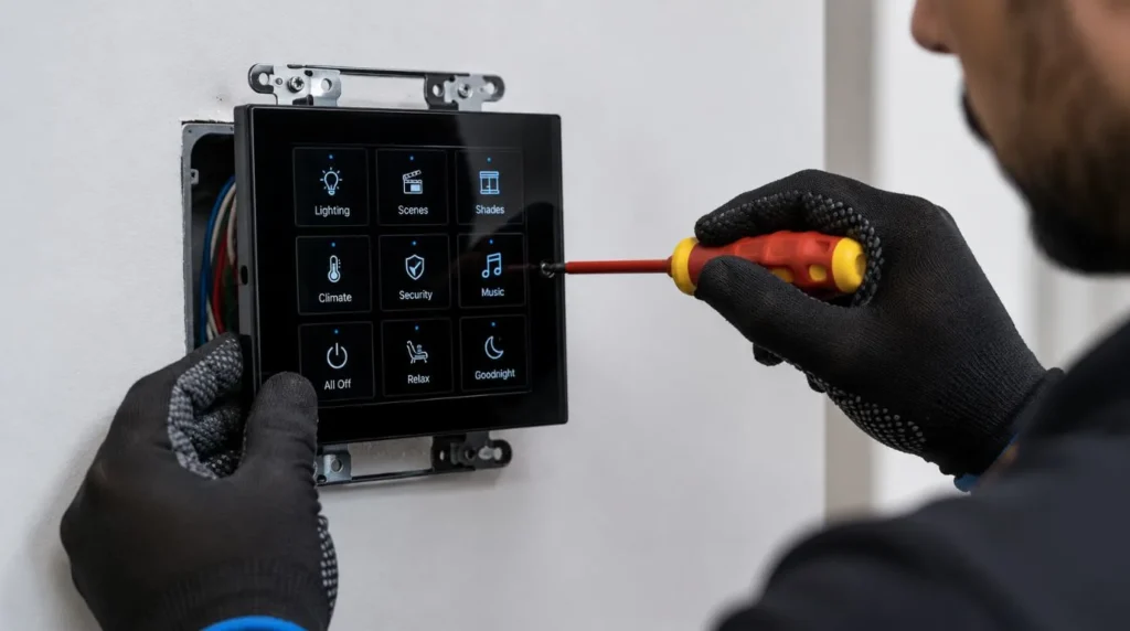 Securing a sleek glass keypad control interface to the wall during a Smart Home Automation Installation.