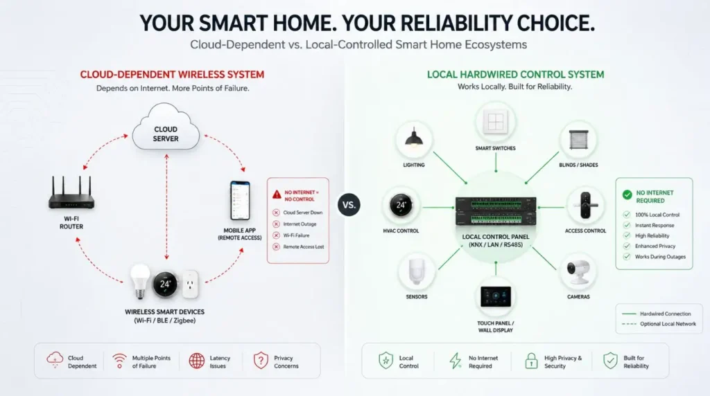 A structural technical wiring diagram comparing local automation vs cloud based routing in a Smart Home Ecosystem