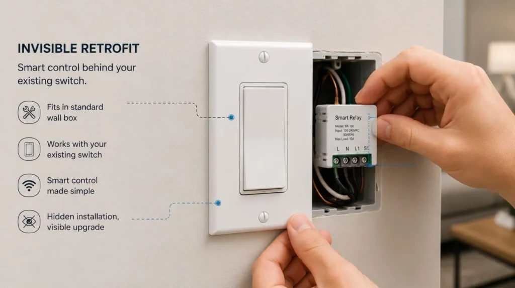 A compact wireless relay module being tucked behind a standard plate for smart switches in a rental apartment
