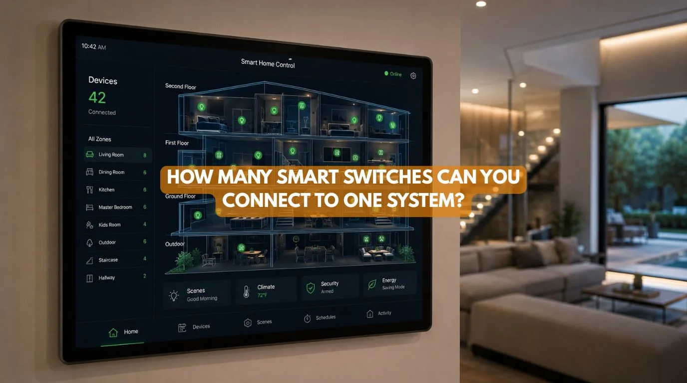 Centralized wall touchpad showing multiple home automation switches linked across an entire residence