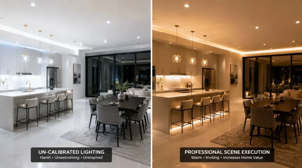Demonstrating custom scene controls to show how an elegant smart home increase home value aesthetics.