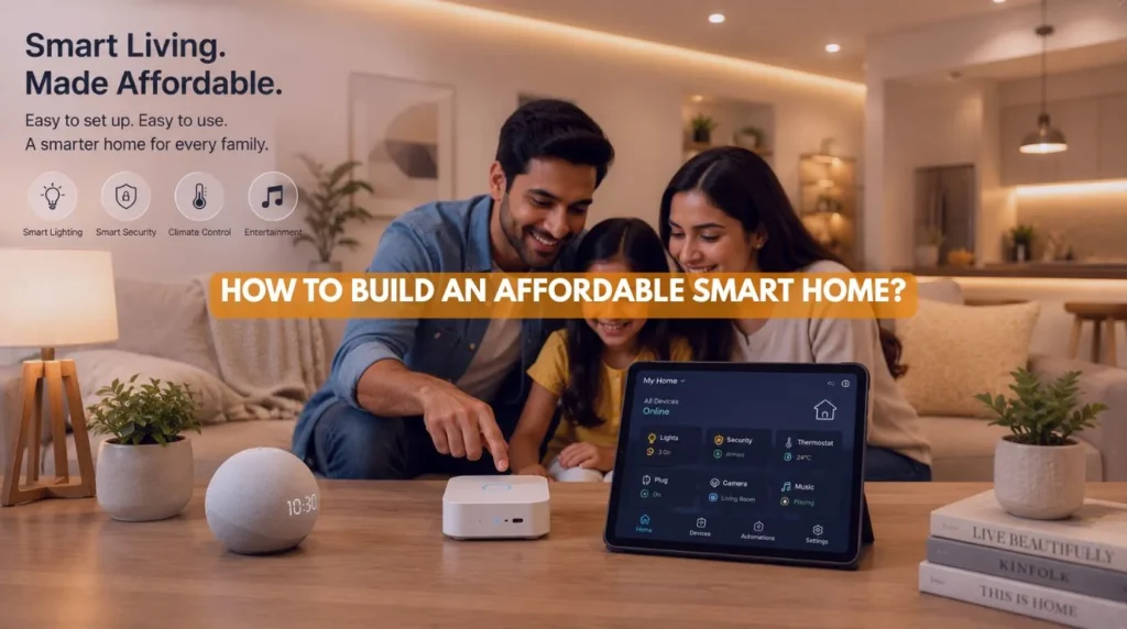 A modern family setting up budget friendly automation devices in their Affordable Smart Home