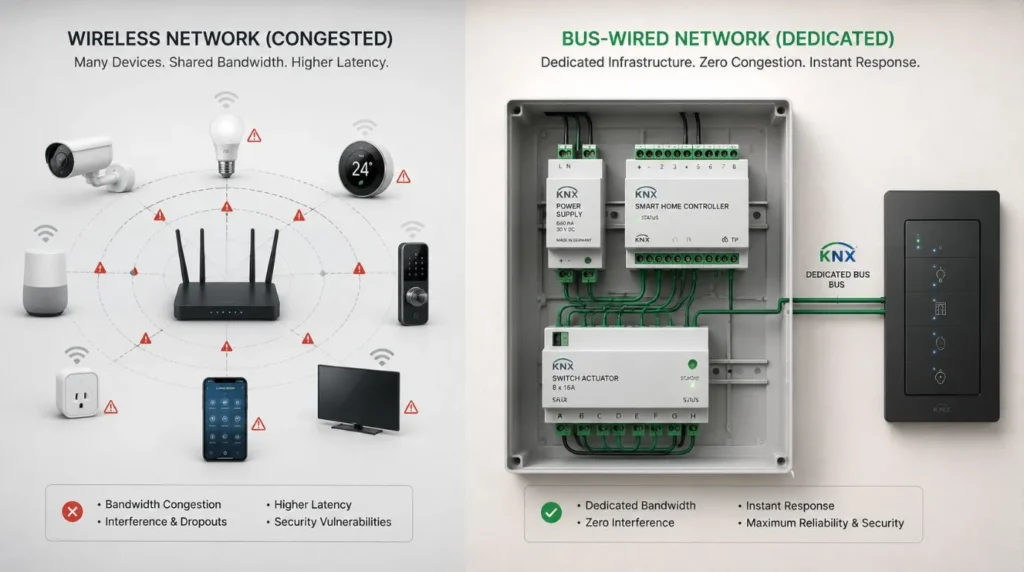 Comparing wireless connectivity and hardwired KNX automation architecture for a residential Smart Switch