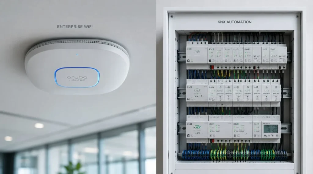 Comparing a wireless network layout with wired KNX system infrastructure when smart home buying.