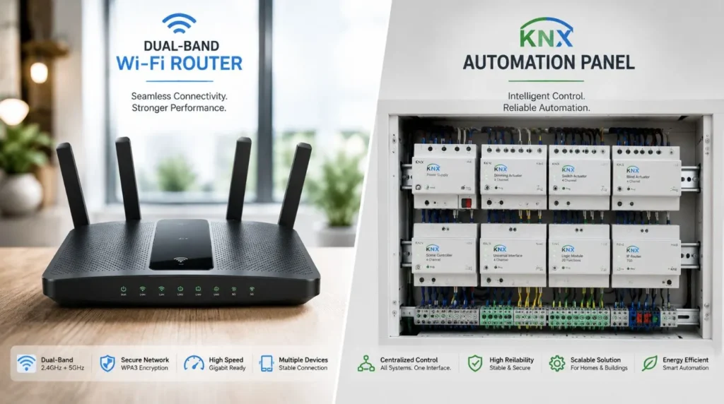 Comparing a basic wireless router with professional KNX hardware infrastructure to install home automation