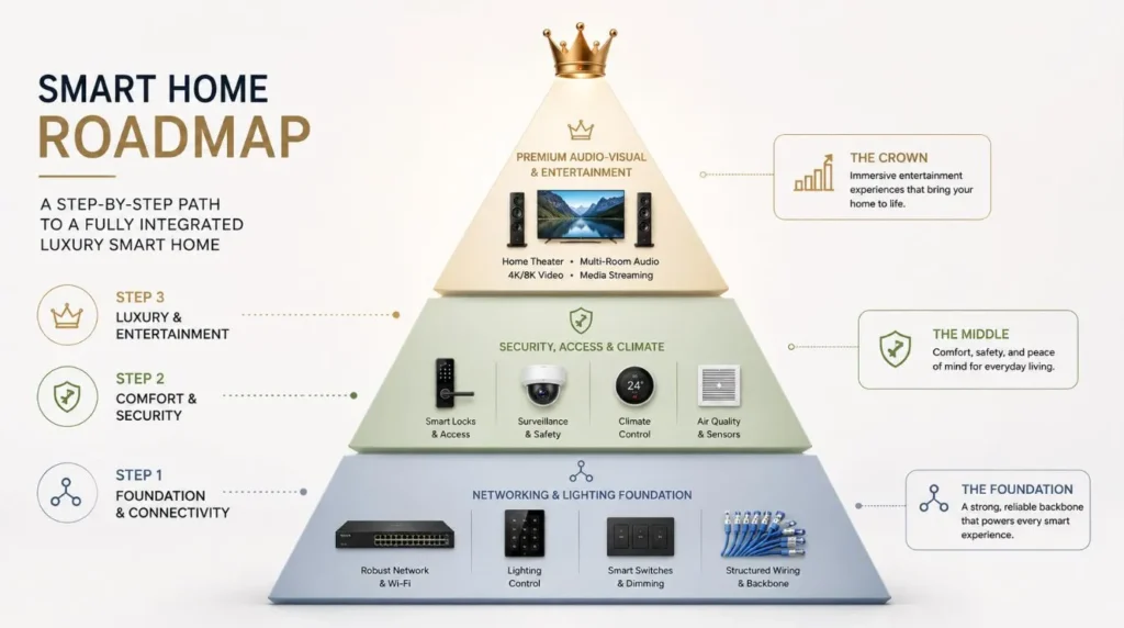 An step by step priority implementation graphic layout showing the best roadmap for choosing Smart Home Essentials