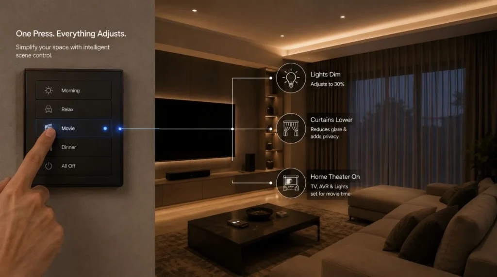 A flush mounted smart wall keypad triggering pre programmed scene profiles via integrated Smart Light Switches