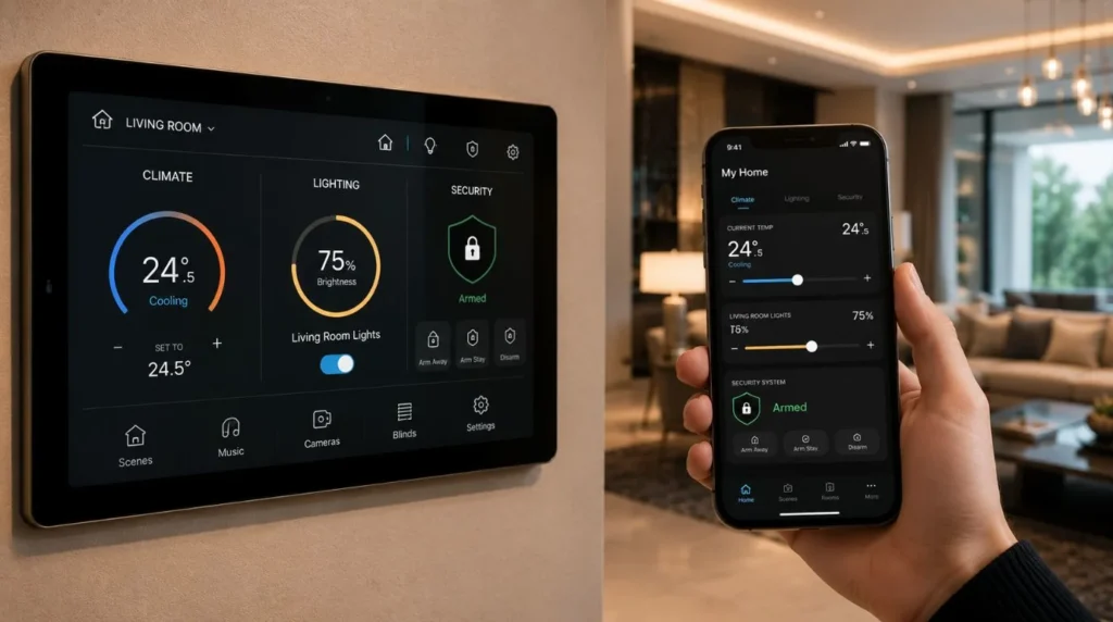 A high end wall mounted touch screen and smartphone interface controlling an integrated Smart Home Ecosystem