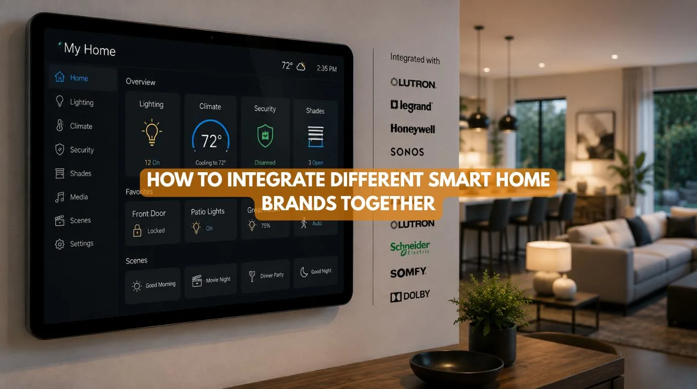 Centralized smart home tablet displaying integrated control for Different Smart Home Brands including lighting climate and security