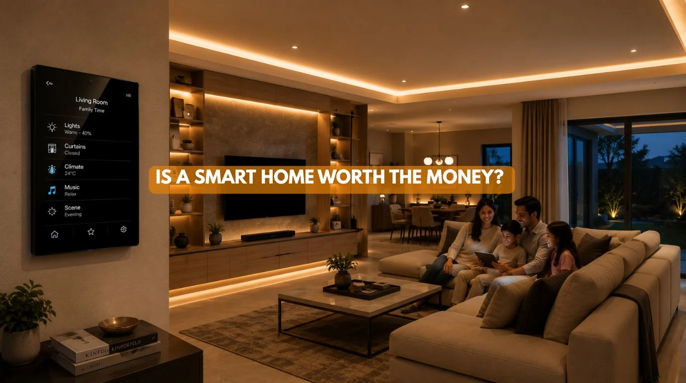 A modern luxury living room showcasing automated lighting to illustrate why a smart home worth it