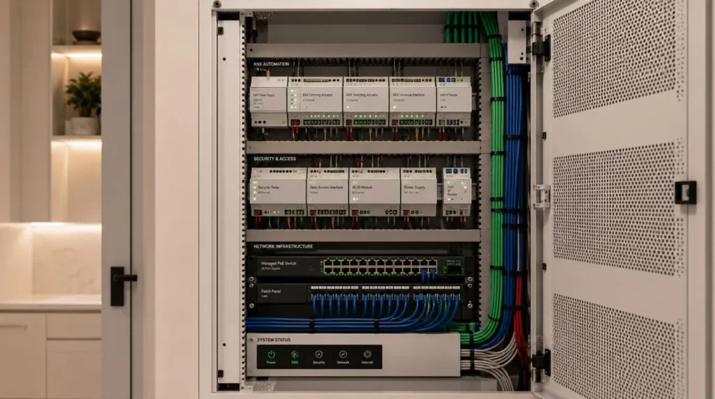 Structured wiring panel modules configuring a robust KNX integrated Smart Home Security System.