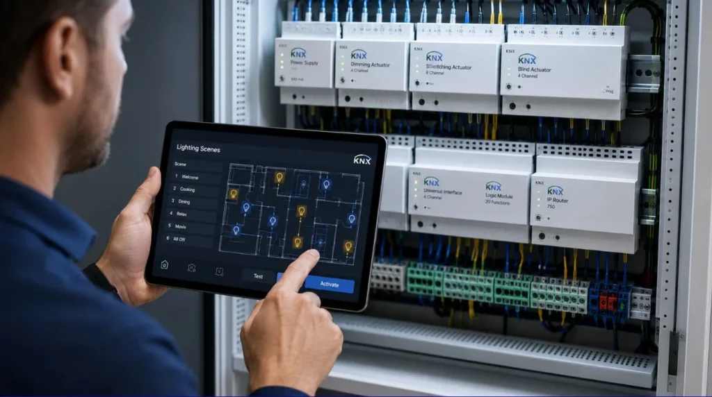 A smart home integrator configuring centralized lighting distribution boards using Smart Switches and Smart Bulbs.