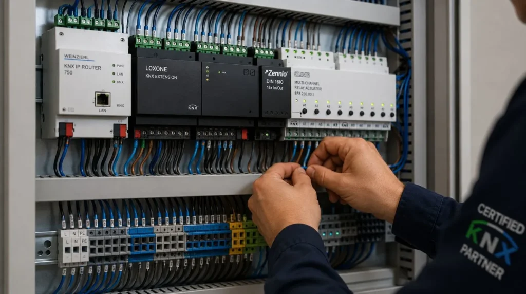 An automation engineer wiring a centralized KNX controller panel during a professional Smart Home From Scratch installation