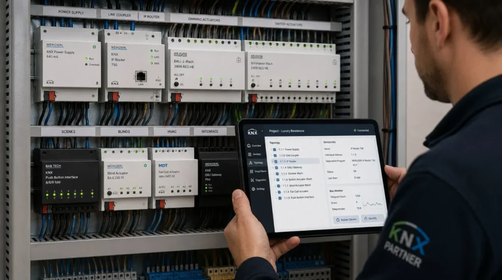 A professional integrator programming a centralized KNX architectural control panel to manage all Smart Home Essentials